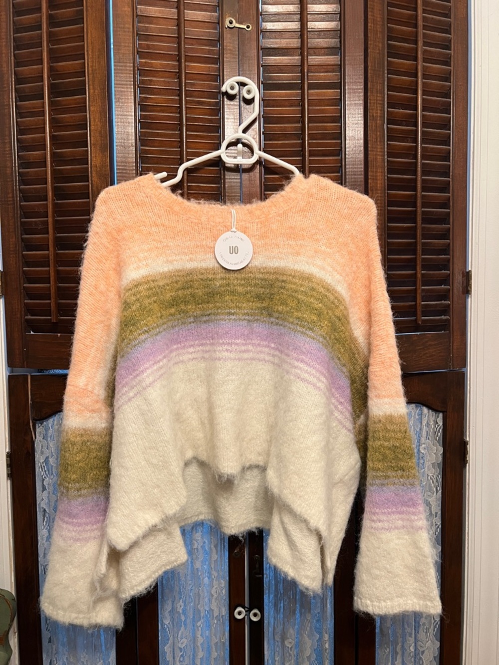 Urban Outfitters Fuzzy Striped Crew Sweater in Peach, Cream, Olive & Lavender